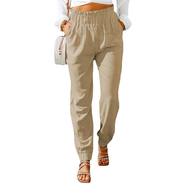 New Casual Pants European And American Ruffled Elastic Belt High Waist Trousers Khaki - Shop at LoveMi