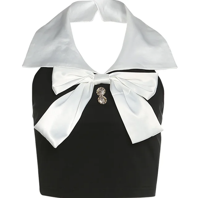 Women's Niche Short Halterneck Vest With Bow Design Black - Shop at LoveMi