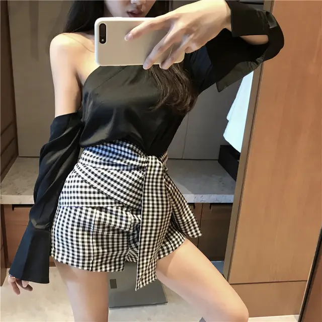 New Fashion Long Sleeve Retro Irregular Slanted Shoulder Top Women One Piece Of Plaid Shorts - Shop at LoveMi