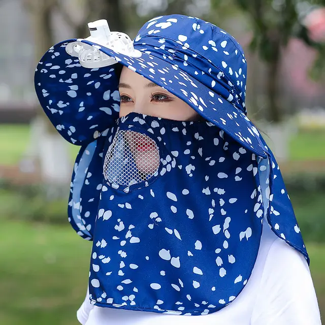 Women's Speckled Printed Tea Picking Hat With Face Mask Navy Blue - Shop at LoveMi