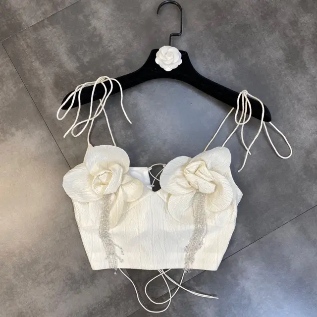 Sexy Backless Three dimensional Flower Lace up Vest Top Apricot - Shop at LoveMi