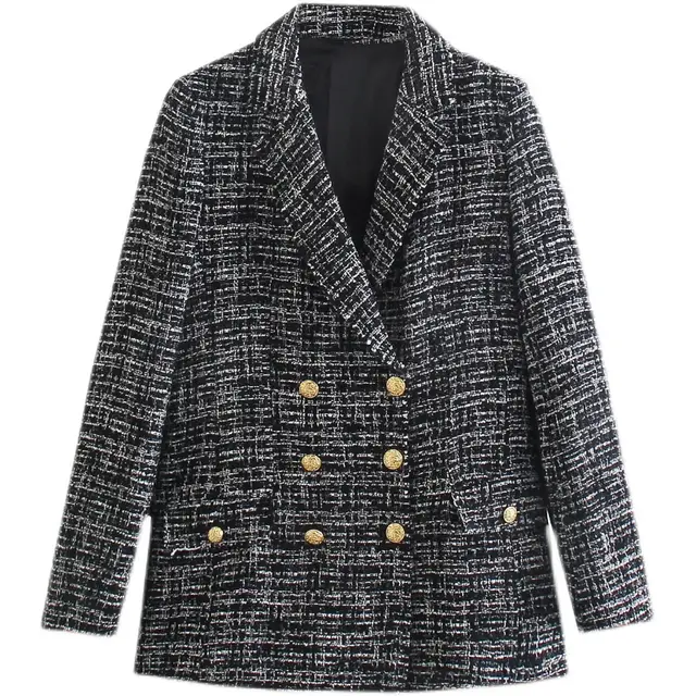 Casual Textured Double Breasted Long Sleeve Blazer Dark Grey - Shop at LoveMi