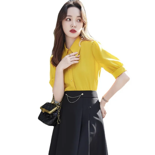 Fashion Short Sleeve Women's Yellow Shirt Business Wear Yellow - Shop at LoveMi