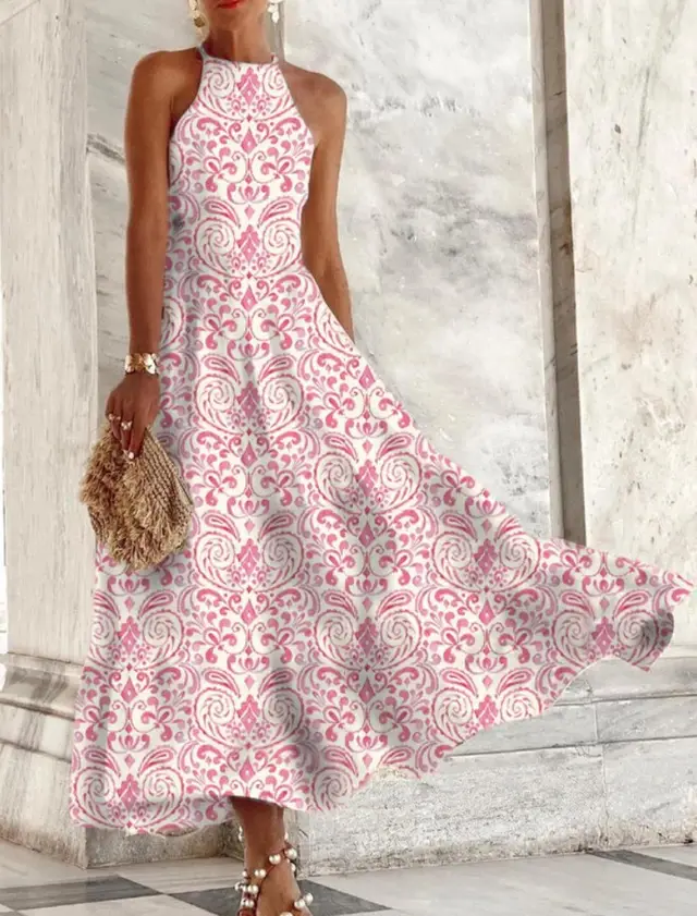 Printed Suspender Waist Long Swing Dress Red - Shop at LoveMi