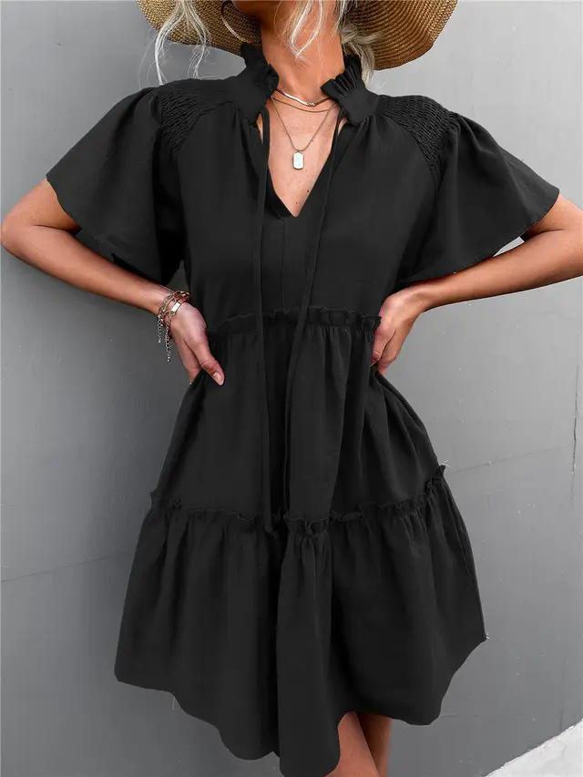 Popular Pleated Tie V neck Lace Dress Black - Shop at LoveMi