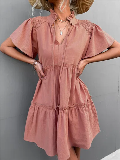 Popular Pleated Tie V neck Lace Dress Pink - Shop at LoveMi