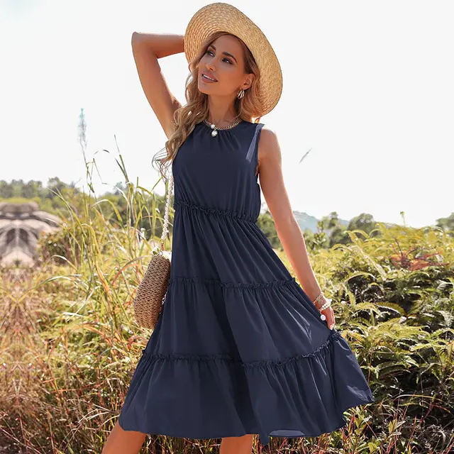 Vest Solid Color Pleated Fungus Trim Holiday Dress Dark Blue - Shop at LoveMi