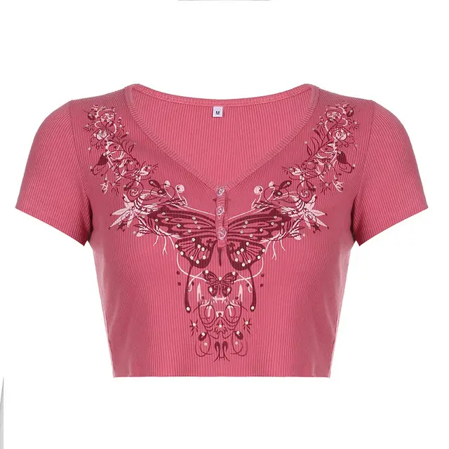 New Distressed Vintage Butterfly Print T shirt V neck Top Red - Shop at LoveMi