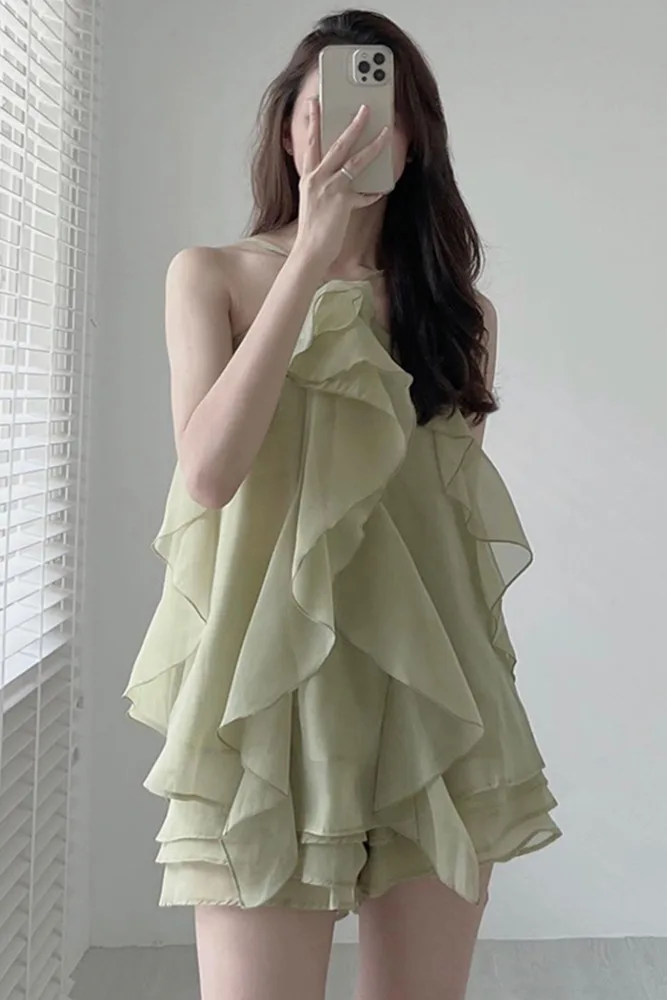 Vintage Halterneck Panel Ruffle Design Sleeveless Slip Dress Green - Shop at LoveMi