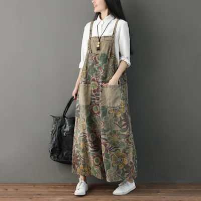 Vintage Adjustable Wide Leg Pants Colorblock Denim Bibs Khaki - Shop at LoveMi