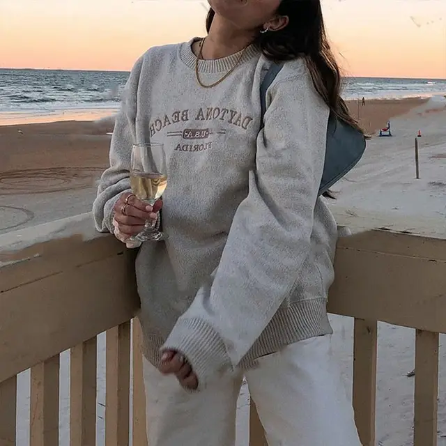 American Retro Women's Fleece Long Sleeve Round Neck Sweater Grey Plus Velvet Fabric - Shop at LoveMi