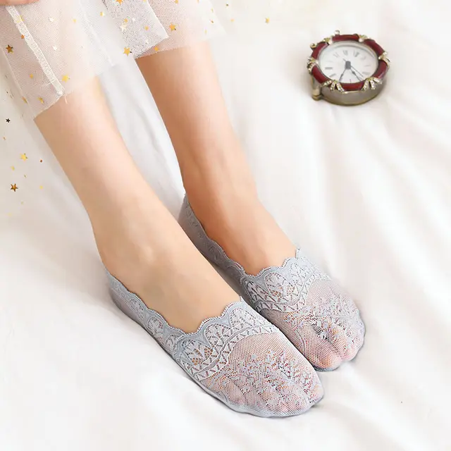 Women's Non Slip Silicone Cotton Bottom Lace Boat Socks 2063Grey - Shop at LoveMi