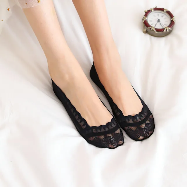 Women's Non Slip Silicone Cotton Bottom Lace Boat Socks Black - Shop at LoveMi
