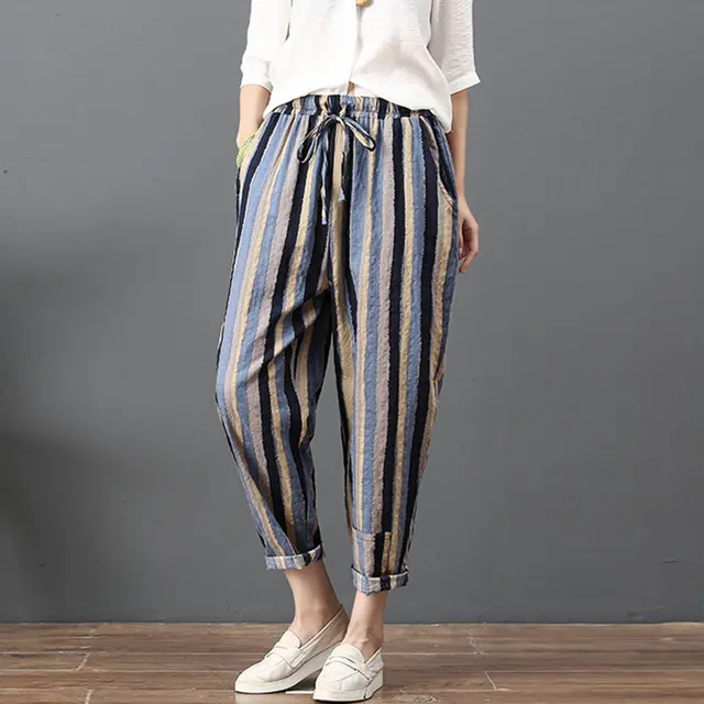 Fashion Retro Literary Cotton And Linen Thin Casual Pants Blue - Shop at LoveMi