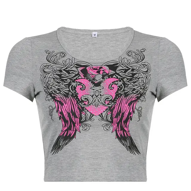 Hot Diamond Printing Spice Retro Short Sleeve T Shirt Women Autumn Grey - Shop at LoveMi