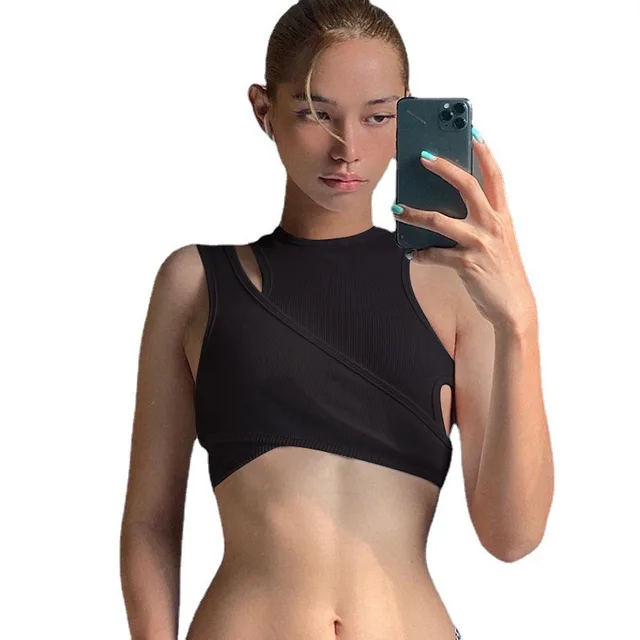 Asymmetric Solid Color Tank Top Two Piece Summer Clothes Casual Ruched Top Black - Shop at LoveMi