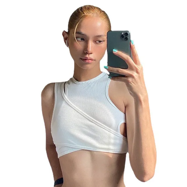 Asymmetric Solid Color Tank Top Two Piece Summer Clothes Casual Ruched Top White - Shop at LoveMi