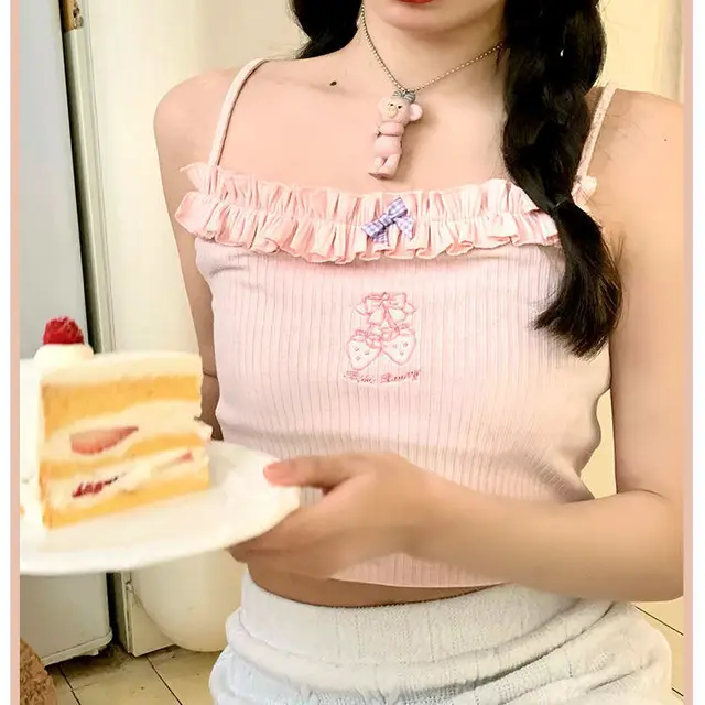 Summer New Girly Style Strawberry Embroidery Sweet Camisole Pink - Shop at LoveMi