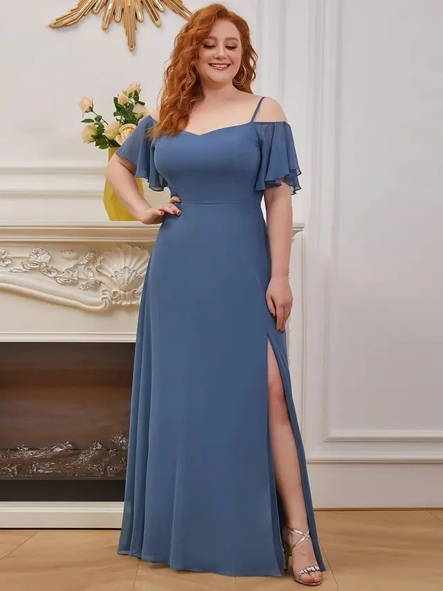 Plus Size Cold Shoulder Bridesmaid Dress with Side Slit Light Blue - Shop at LoveMi
