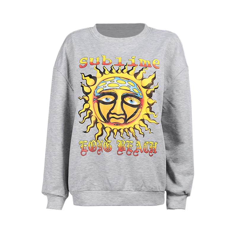 Women's Casual Loose Abstract Sun Letter Print Sweatshirt Grey - Shop at LoveMi