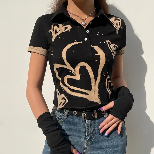 Vintage Fashion Heart Printing Short Sleeve T shirt Turn Down Collar Streetwear Crop Top Black - Shop at LoveMi
