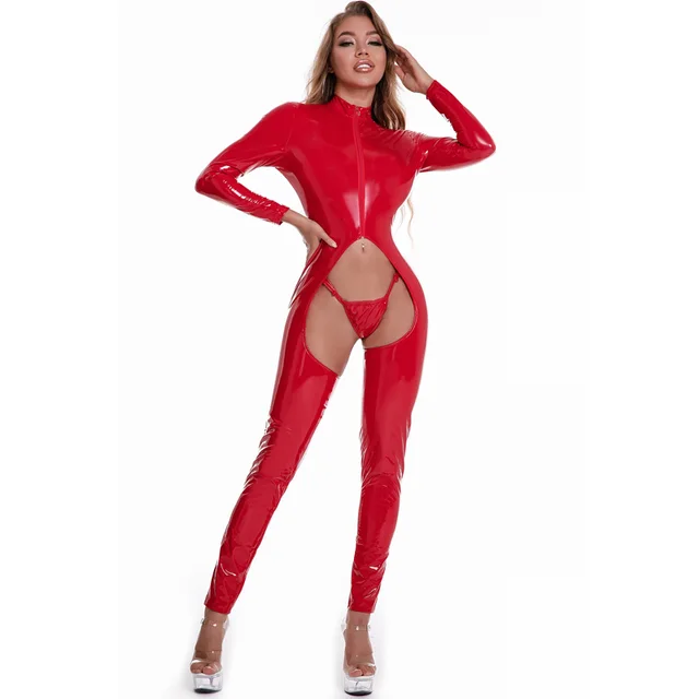 Skinny Mirror PVC Crotch Leather One Piece Bodysuit Set Red - Shop at LoveMi