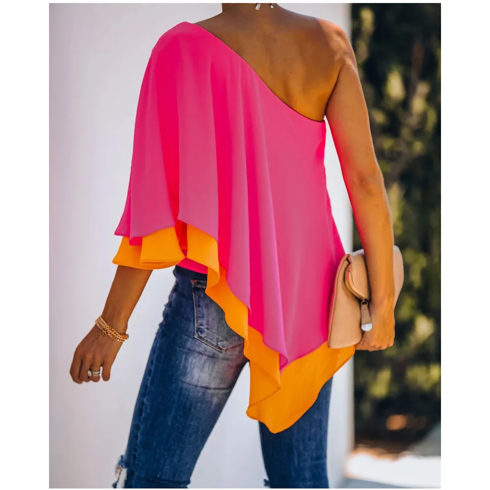 New European Women's Layered Off-shoulder Top Personality T-shirt - Rose Red
