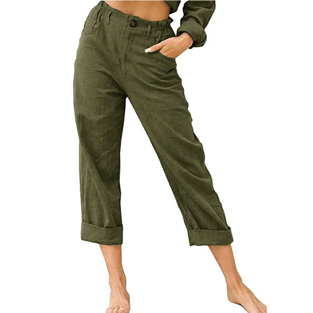 New Summer Solid Color Cotton Linen Fashion Loose High Waist Casual Trousers Army Green - Shop at LoveMi