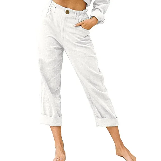 New Summer Solid Color Cotton Linen Fashion Loose High Waist Casual Trousers White - Shop at LoveMi