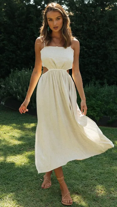 Spring and Summer Women Backless Lace up Irregular Slit Dress Beige - Shop at LoveMi