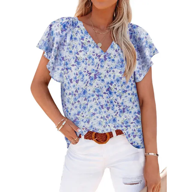 European And American Women's Top Women's V neck Printed Short sleeved Loose Casual Pullover Shirt Blue - Shop at LoveMi