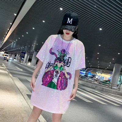 Summer New Plus Size Women's Loose Beaded Sequined T shirt Dress Pink - Shop at LoveMi