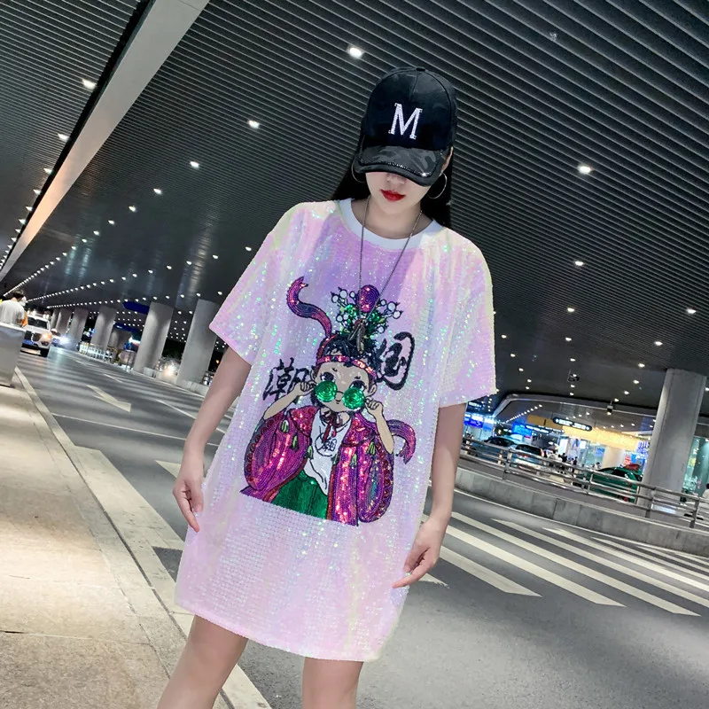 Summer New Plus Size Women's Loose Beaded Sequined T-shirt Dress - Pink