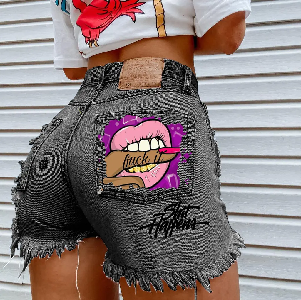 Graphic Print Ripped Denim Shorts