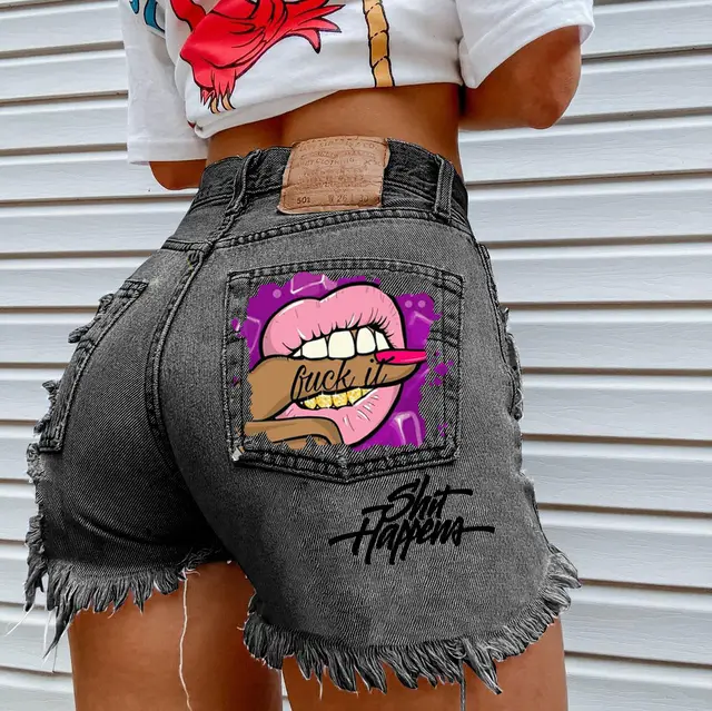 Graphic Print Ripped Denim Shorts Black - Shop at LoveMi