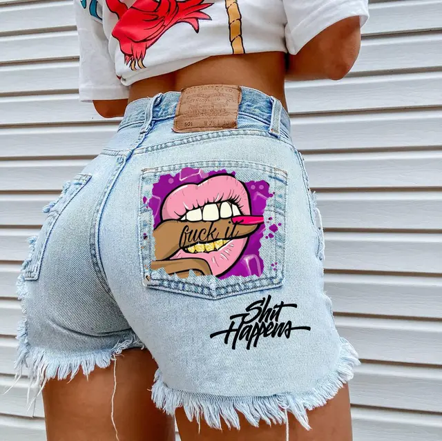 Graphic Print Ripped Denim Shorts Light Blue - Shop at LoveMi