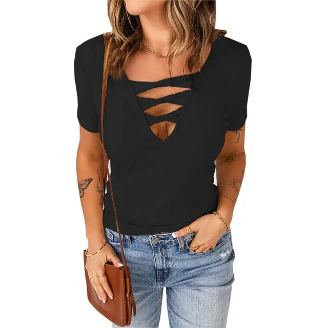 Summer New European And American Women's Clothing Large Size V neck Pullover Solid Color Slim Short Sleeves Black - Shop at LoveMi