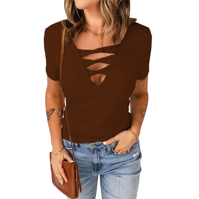 Summer New European And American Women's Clothing Large Size V neck Pullover Solid Color Slim Short Sleeves Brown - Shop at LoveMi