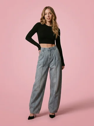 High Waist And Thin Design Sense High Street Mopping Straight Pants Ins Tide - Blue