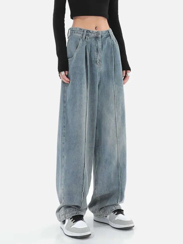 High Waist And Thin Design Sense High Street Mopping Straight Pants Ins Tide Blue - Shop at LoveMi