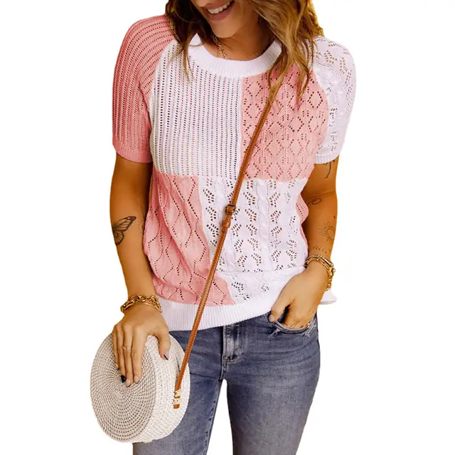 New Fashion European And American Color blocking Knitted Short sleeved T shirt Top Knitted Sweater Pink - Shop at LoveMi