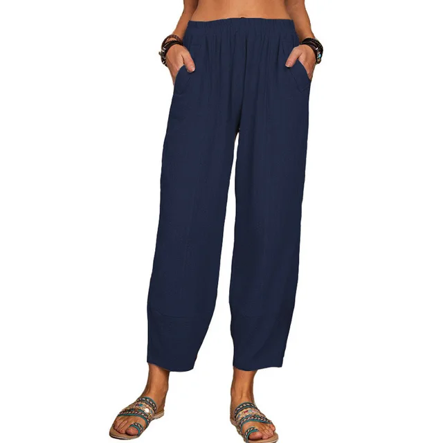 European And American Women's Loose Cotton And Linen Casual Pants Home Harem Trousers Navy Blue - Shop at LoveMi