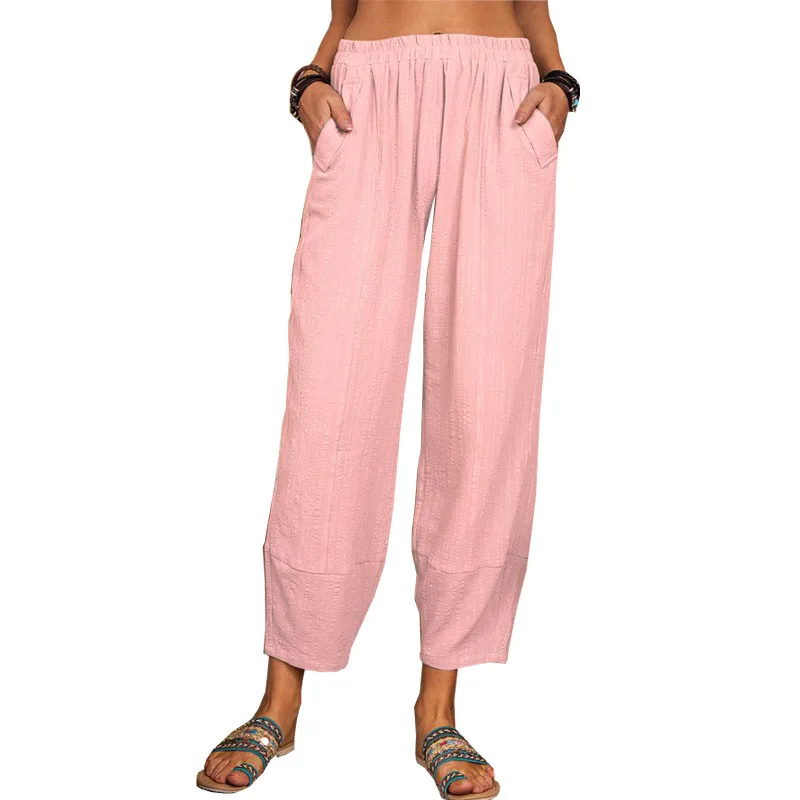 European And American Women's Loose Cotton And Linen Casual Pants Home Harem Trousers Pink - Shop at LoveMi