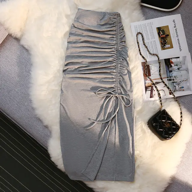 Women's Side Slit Pleated Hip Midi Skirt Grey - Shop at LoveMi