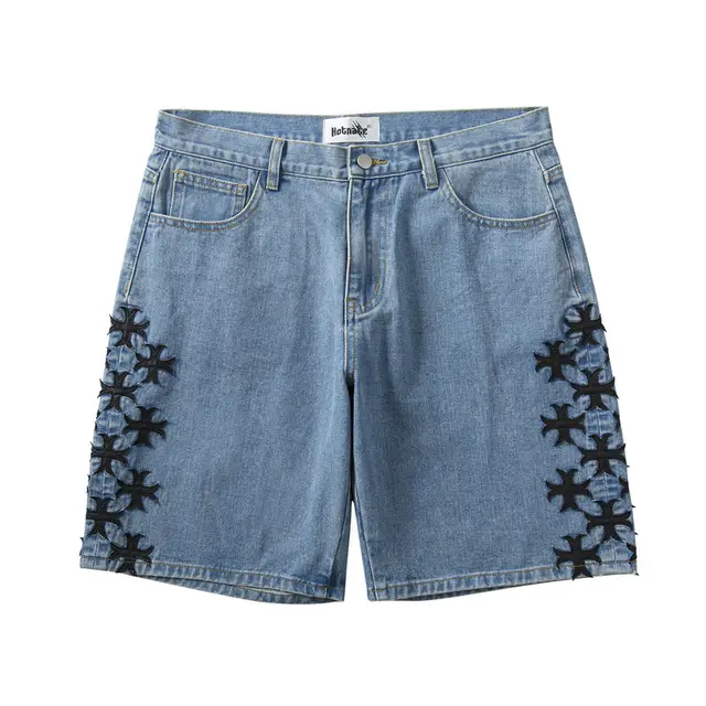 European And American High Street Leather Denim Shorts Light Blue - Shop at LoveMi