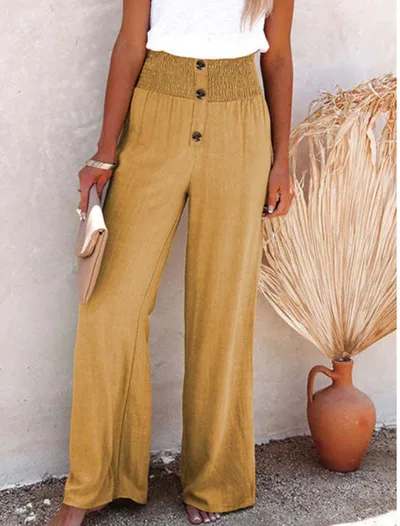 High Waist Loose Long Cotton Linen Wide Leg Pants Khaki - Shop at LoveMi