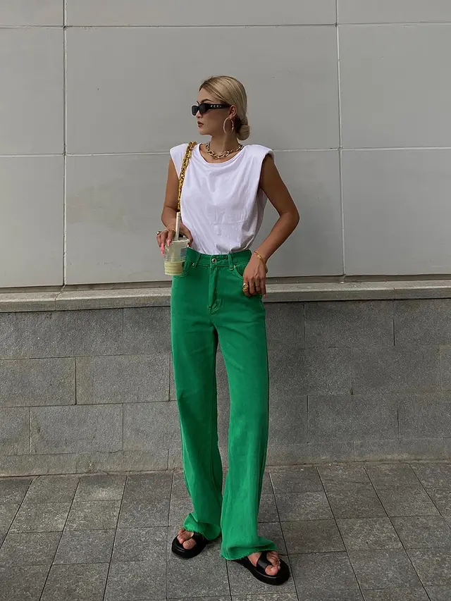 Women's High Waist Straight Wide Leg Slim Rose Red Jeans Green - Shop at LoveMi
