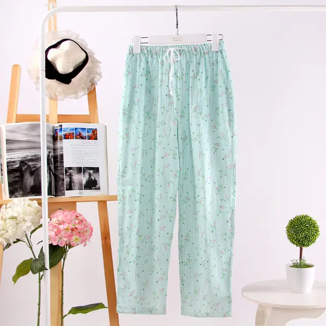 Women's Cotton Double Layer Gauze Multicolor Home Pajama Pants Green Vertical Striped Flower - Shop at LoveMi