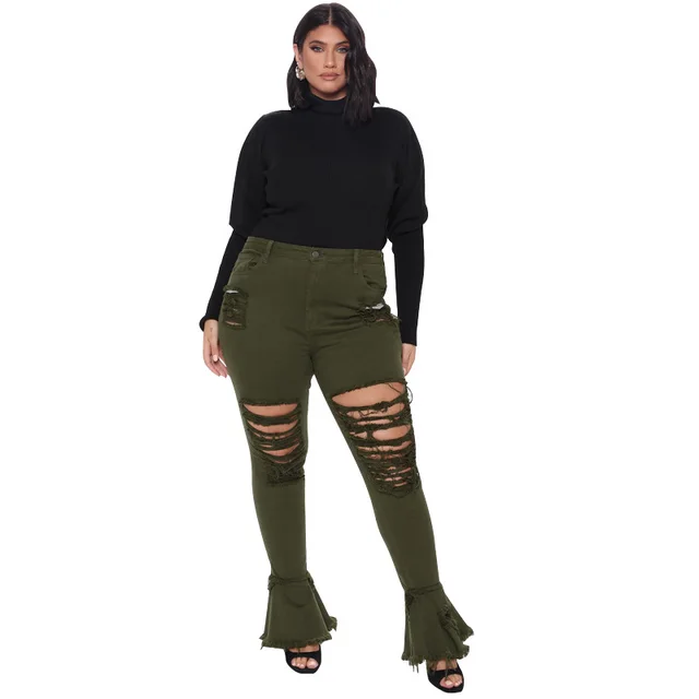 Trumpet Street Fashion Trend Ripped Plus Size Women's Jeans Army Green - Shop at LoveMi