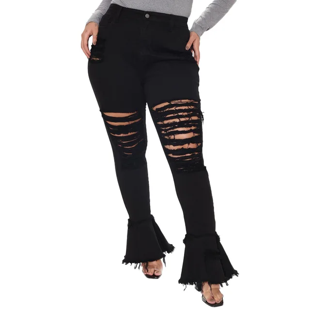 Trumpet Street Fashion Trend Ripped Plus Size Women's Jeans Black - Shop at LoveMi